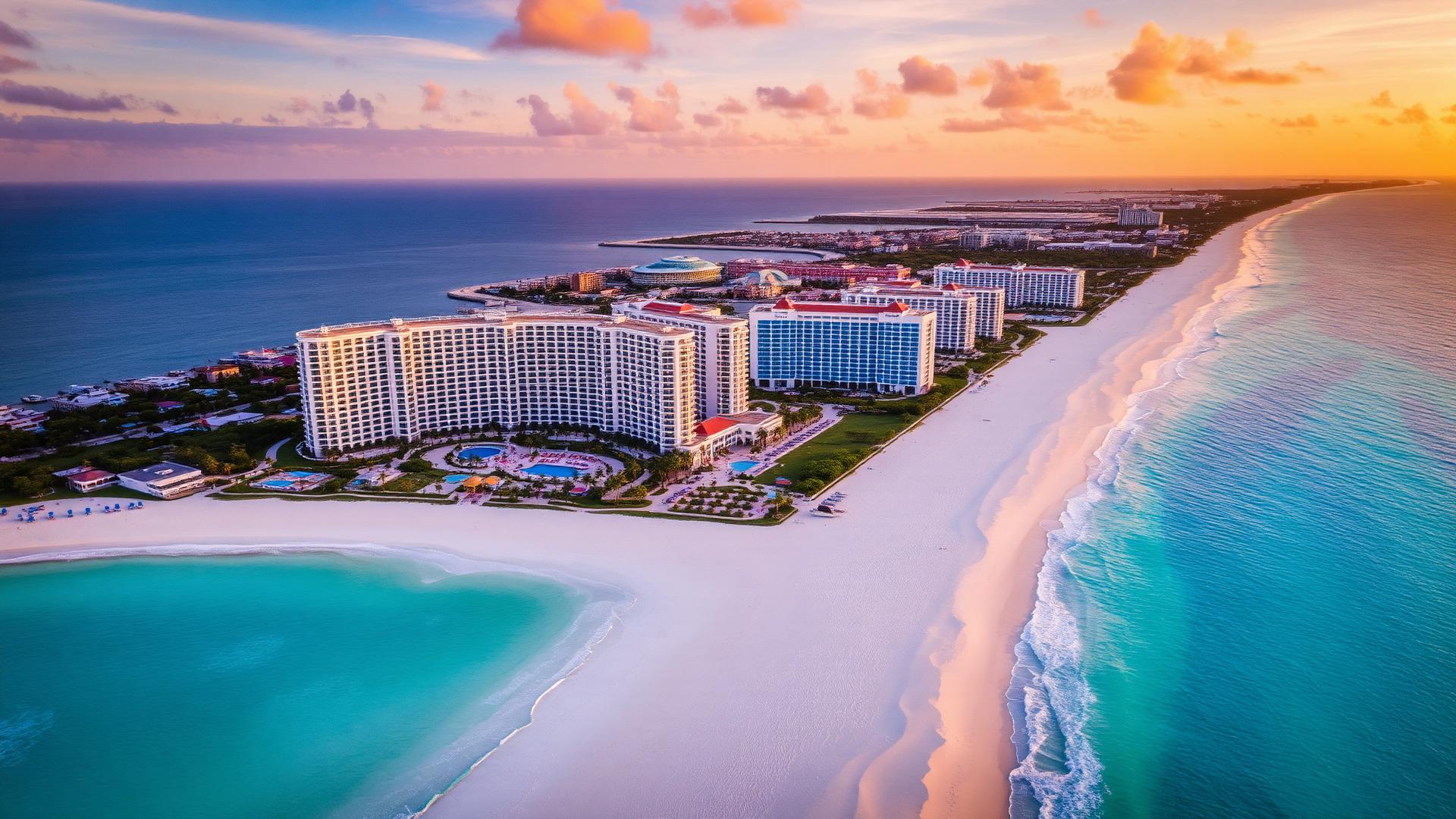 Vista aérea de la zona hotelera de Cancún al atardecer